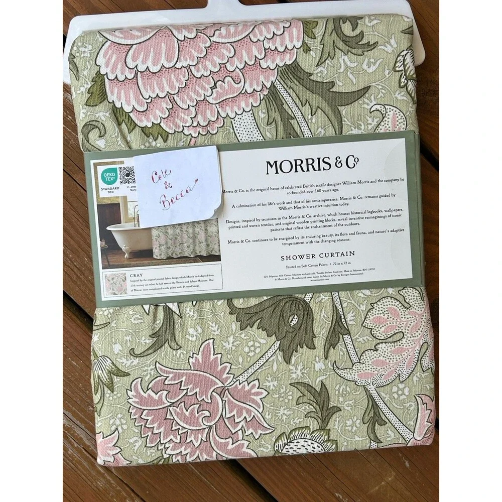 Morris & Co. Cray Floral Garden Cotton Blend Shower Curtain Green Pink 72x72 New